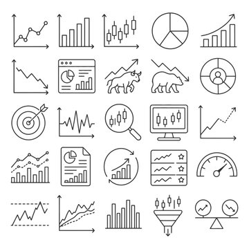 Set of linear financial and business graph icons with bull and bear.