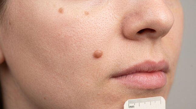 Dermatology close-up of skin moles on woman face, medical examination of facial nevus with ruler, skin cancer screening and mole removal concept