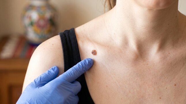 Dermatology exam of suspicious mole on woman's shoulder, doctor pointing at skin nevus with blue glove, melanoma screening and skin cancer check