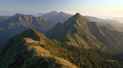Fototapeta premium Majestic Mountain Range at Sunrise with Lush Green Hills and Rugged Peaks Under a Clear Sky