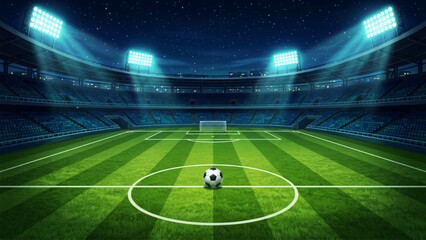 Vector illustration of professional soccer stadium at night with football placed in center circle under bright floodlights and cheering crowd in background for sports. © SWEET