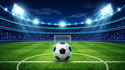 Detailed vector art of professional football field at night with soccer ball in front of goal post and bright stadium lights shining on green grass for sports background. © SWEET