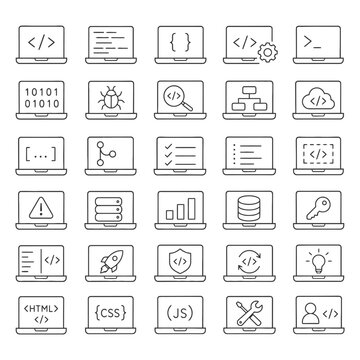 Programming and coding icons on monitors.