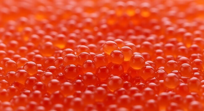 Glossy Red Salmon Roe Clustered in Close Up Macro Food Texture