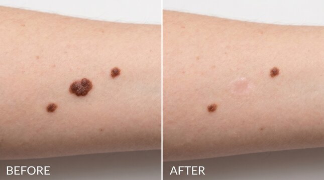 Dermatology mole removal before and after comparison, skin lesion laser treatment results, medical procedure for nevus and birthmark reduction on arm