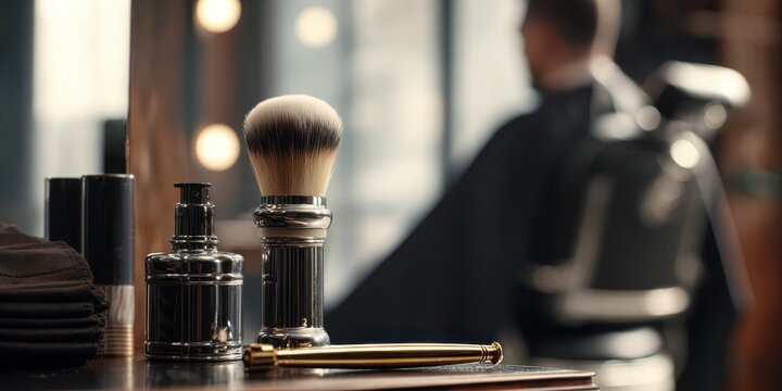 Barbershop tools for professional male stylist. Hair brush for foam on barbers table in beauty salon. Brush for shaving beard along with bowl, blurred background of hair salon for men, barber shop.
