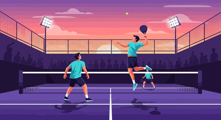 Obraz premium Padbol Game Illustrated Showing Player Action With Spectators and Court Under Lights
