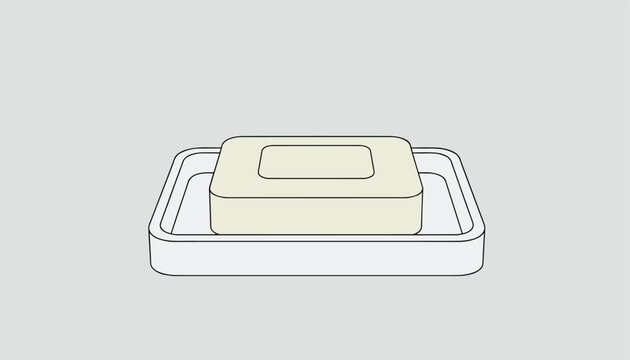 Simple 3D style vector illustration of a rectangular bar of cream colored soap sitting on a minimalist white soap dish.