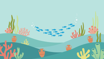Obraz premium Colorful underwater illustration featuring a school of fish swimming through coral reefs with ancient amphorae jars on the seabed.