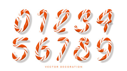 Obraz premium Set of numbers from 0 to 9 in Christmas candy cane style. Xmas candy numbers made from red and white color stripes. 3d vector decorative elements for card, cover, New Year design, ads, branding.