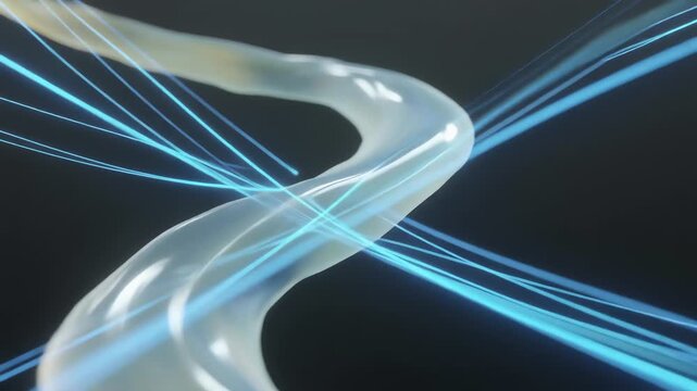 A glossy metallic ribbon twists in a dark space, framed by electric blue lines. The glow in neon hush