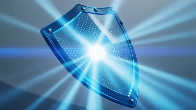 A glossy blue shield rises against a cool gradient backdrop lit by a bright central flare. Polished edges reflect light, casting radiant beams as subtle textures convey a futuristic defensive emblem