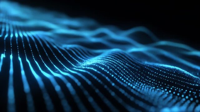 A glowing blue digital wave of dotted lines forms a flowing, futuristic data texture. With neon glow