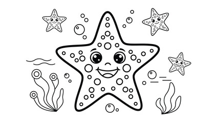 Obraz premium Delightful coloring page illustration of a big happy starfish surrounded by smaller friends and bubbles in the ocean.