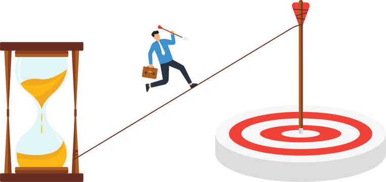 Businessman tightrope walking toward target success, balancing time pressure, deadline management, business challenge, risk taking, hourglass clock, and corporate strategy.