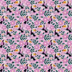 Patrón continuo sin costuras de tucanes ilustrados con flores y hojas tropicales sobre fondo rosa pastel © maite