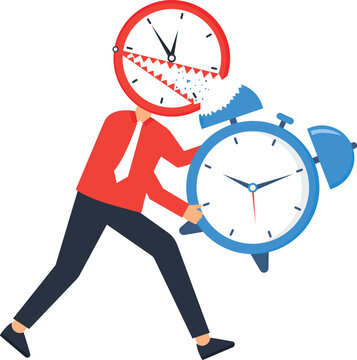 Businessman clockhead destroying alarm clock symbolizing deadline pressure and urgent schedule management concept, corporate anxiety, time running out, busy worker, flat design