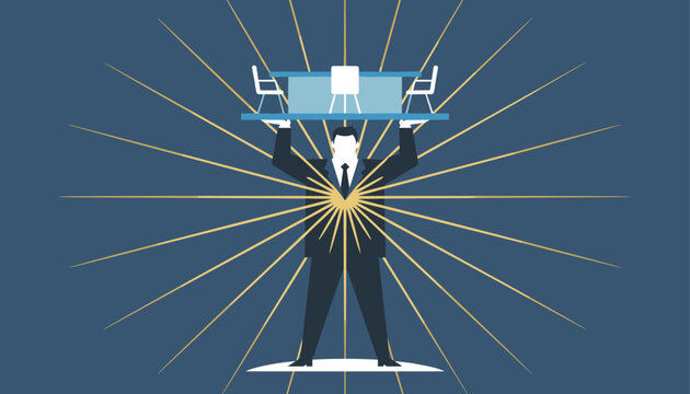 Conceptual illustration of a large silhouetted man lifting a long table with chairs against a blue sunburst background.