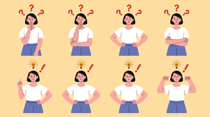 Fototapeta premium set of young woman showing different emotions and reactions, facial expression collection illustration, confusion, thinking, surprise, ideas and decision-making concept