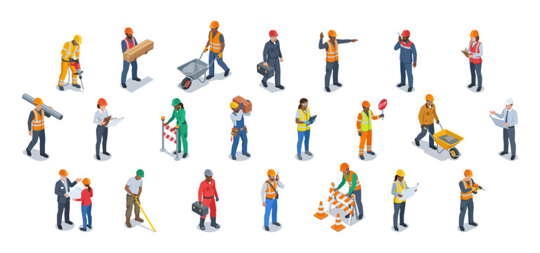 Construction site workers doing builder jobs in safety gear | Isometric vector characters set for architecture infographics
