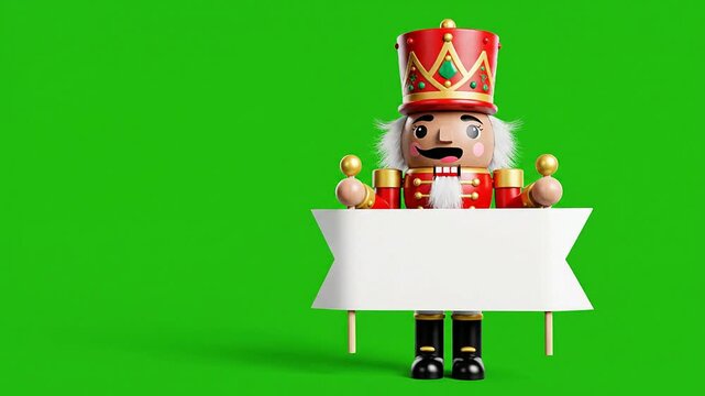 Cheerful Nutcracker Character Holding Blank Banner Against Bright Green Chroma Key Background for Holiday Promotions and Festive Designs