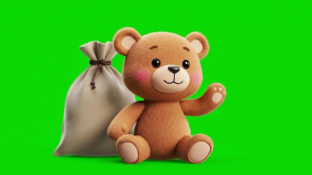 Cheerful Plush Teddy Bear Character Sitting Beside Burlap Sack On Bright Green Screen Background Perfect For Children's Themes And Playful Presentations