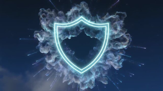 A glowing neon shield floats above wispy clouds under a starlit night, casting cool blue outlines shimmer against the dark sky; atmospheric mist enhances a futuristic dreamlike emblematic scene