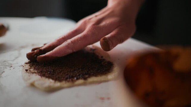 Hand spreads cocoa powder over dough. Close-up of baking preparation. Warm, rustic kitchen atmosphere. Perfect for cooking, dessert, or holiday-themed content