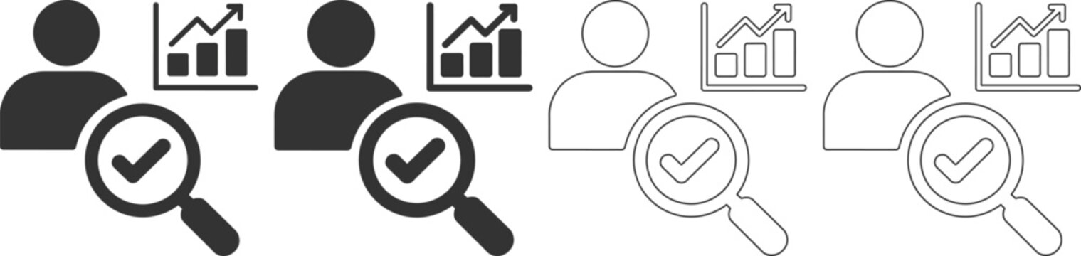 Collection of black and white line icons for business analysis and data  people and magnifying glass with check marks and graphs