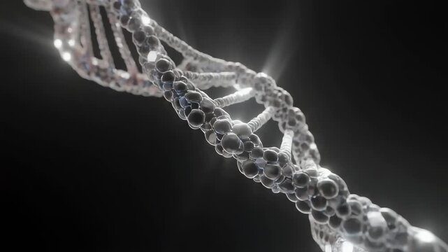 A grayscale close-up of a DNA double helix with intertwined strands and glowing highlights. in focus