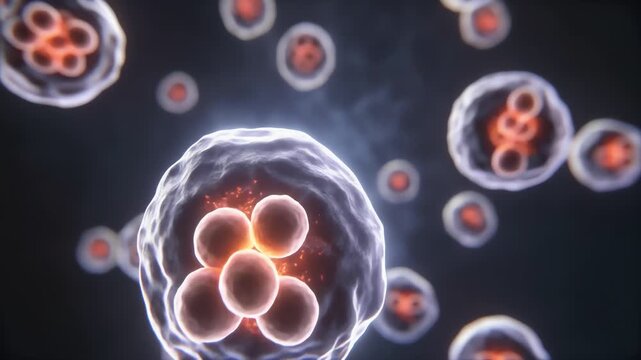 A high-contrast microscopic scene shows spherical cells floating in a dark field, each with a bright orange nucleus. Blue membranes outline the cells, revealing intricate cellular architecture today