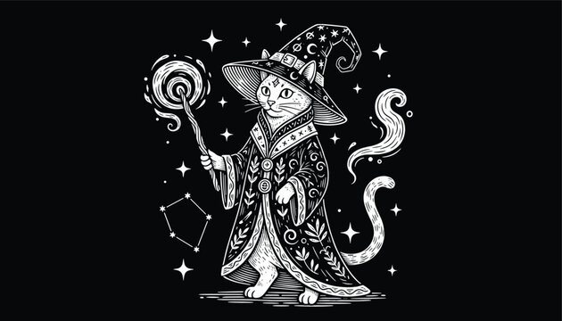 Majestic cat wizard wearing a star-patterned robe and hat holds a magical staff amidst a starry cosmic background.