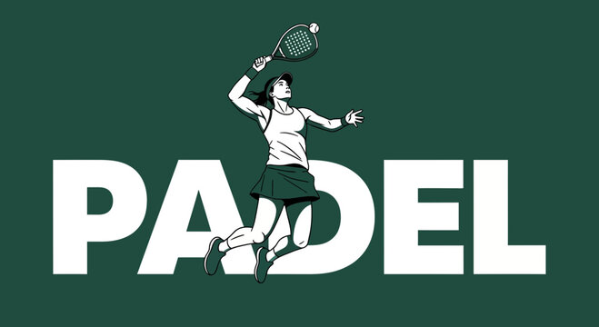 Padle Player in Action with the Bold Text on Green Background, Sport Activity, Vector Illustration