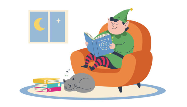 Cozy scene of a small elf sitting in a plush armchair reading a book while a grey cat sleeps peacefully nearby.