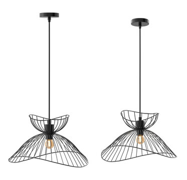 Minimalist retro hanging ceiling lamp featuring an artistic dual-layer curved black metal wire frame shade with an exposed vintage Edison filament bulb. Isolated product 3D rendering.