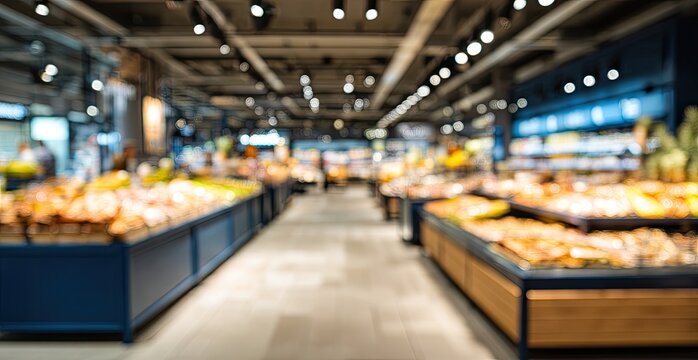 Blurred aisle in a brightly lit grocery store, showcasing produce displays