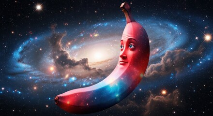 Obraz premium Surreal human face on a banana in outer space.