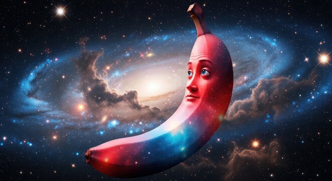 Surreal human face on a banana in outer space.