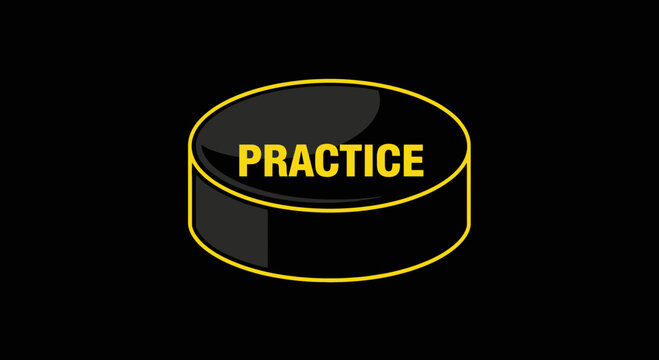 Practice Makes Perfect Hockey Puck Illustration, Yellow Text Against a Black Backdrop