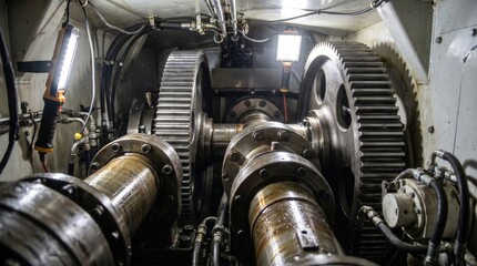 Fototapeta premium Brightly lit metallic gears and shafts of heavy industrial machinery. Complex mechanical systems in a factory environment.