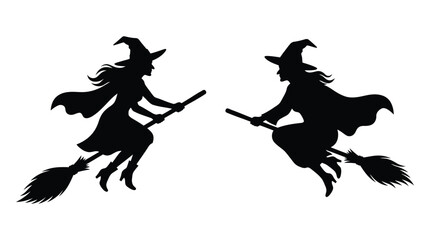 Fototapeta premium witches on broomsticks silhouette flying halloween magic