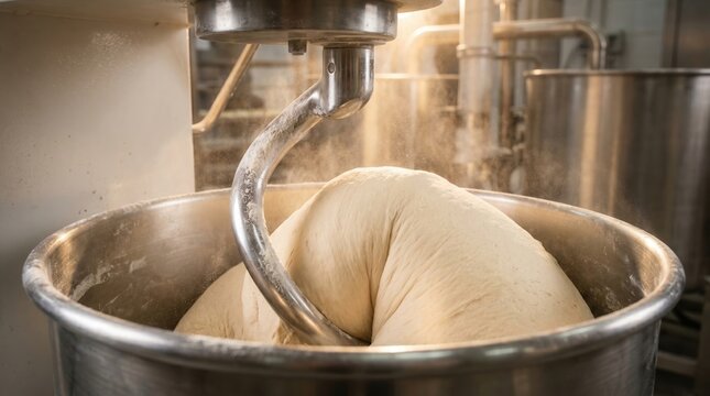 Large industrial mixer kneading fresh dough in a stainless steel bowl, with flour dust. Blurred bakery equipment in the background, illuminated by warm golden light.
