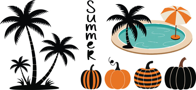 Summer season decorative set with palm trees near pool umbrella plus assorted fall pumpkins for autumn holiday party decor art.