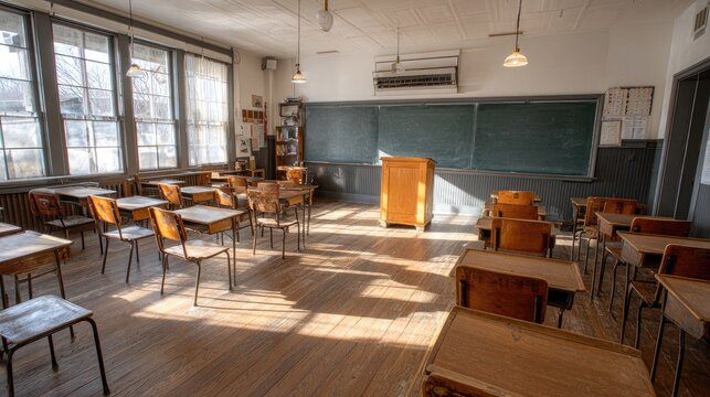 Vintage classroom with wooden desks, blackboard, and sunlight streaming through windows