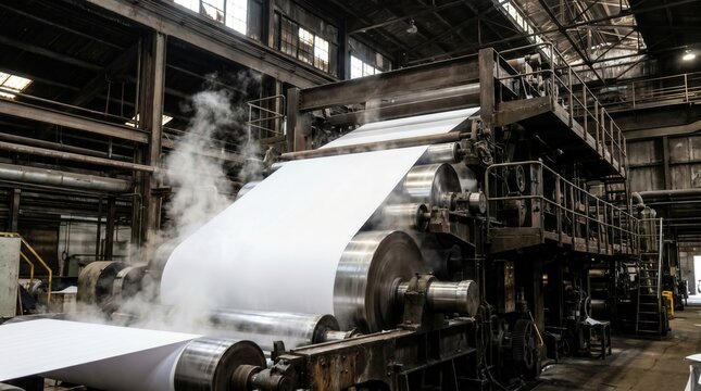 Industrial paper machine producing a continuous roll of white paper, with steam and metallic rollers. Grungy factory interior, heavy manufacturing.