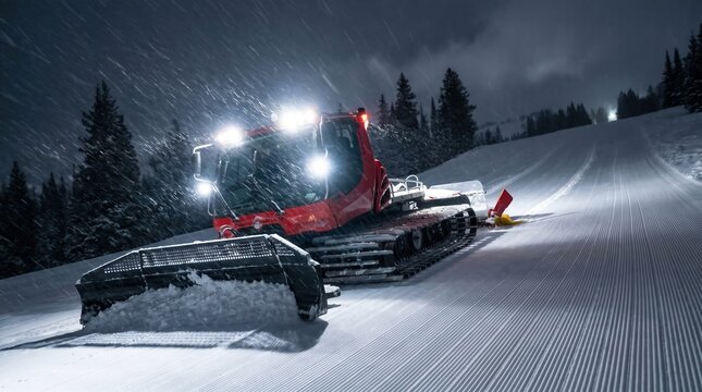Red snow groomer with bright headlights moving on a freshly prepared ski slope during heavy snowfall. Dark winter night, pine trees in background.