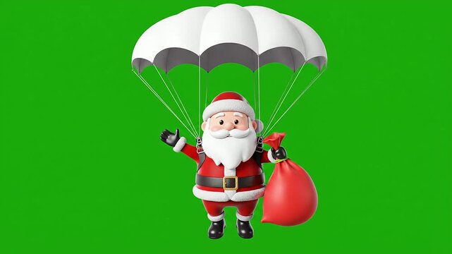 Cheerful Santa Claus Parachuting With A Red Sack Against Green Screen Background For Holiday-Themed Media, Animated Content, And Festive Use