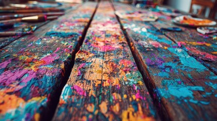 Fototapeta premium Close up of a wooden art table covered in colorful paint splatters