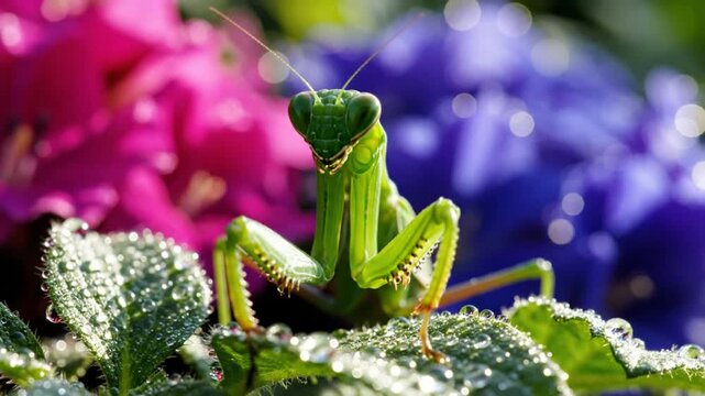 Praying mantis sits on a green leaf covered in water droplets with a blurred floral background of pink and purple blooms