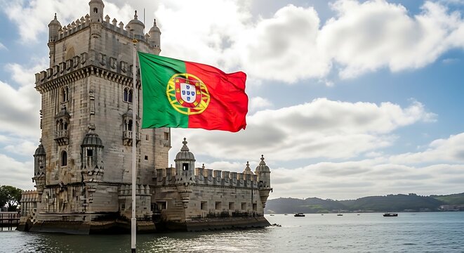 Portuguese Flag Waving Beside Historic Belem Tower on Lisbon Waterfront